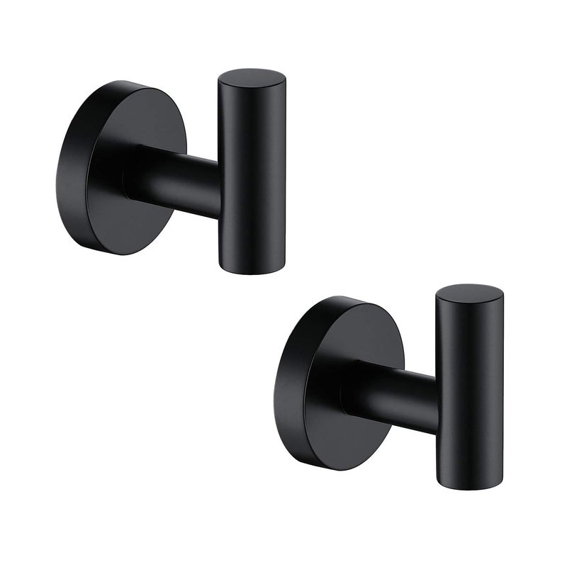 TASTOS Matte Black Bathroom Towel Coat Hook Stainless Steel, 2 Pack Robe Clothes Cabinet Closet Sponges Hooks Holder Round Style Heavy Duty Wall Hook for Bathroom Kitchen Hotel Wall Mounted - Image 1